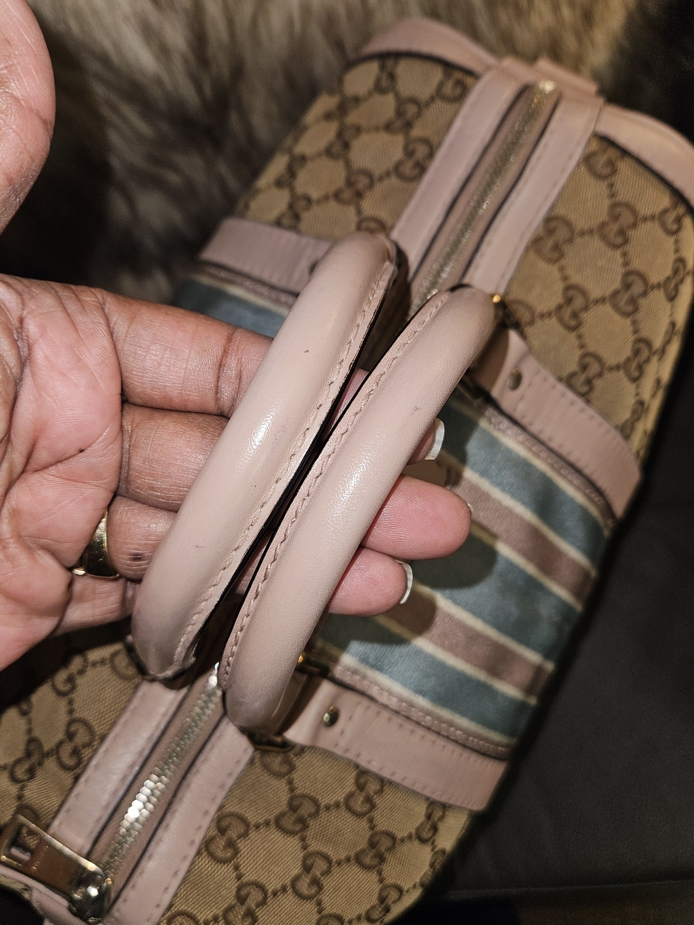 Gucci Beige GG Canvas Boston with Pink Trim and Striped Center - Picture 8 of 13